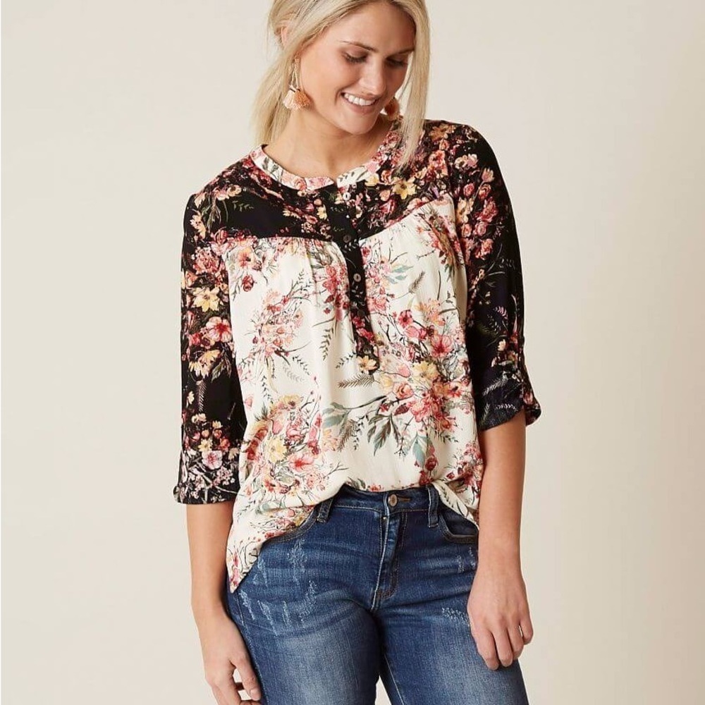 Miss Me Black & White Floral Colorblock Flowy Henley Blouse